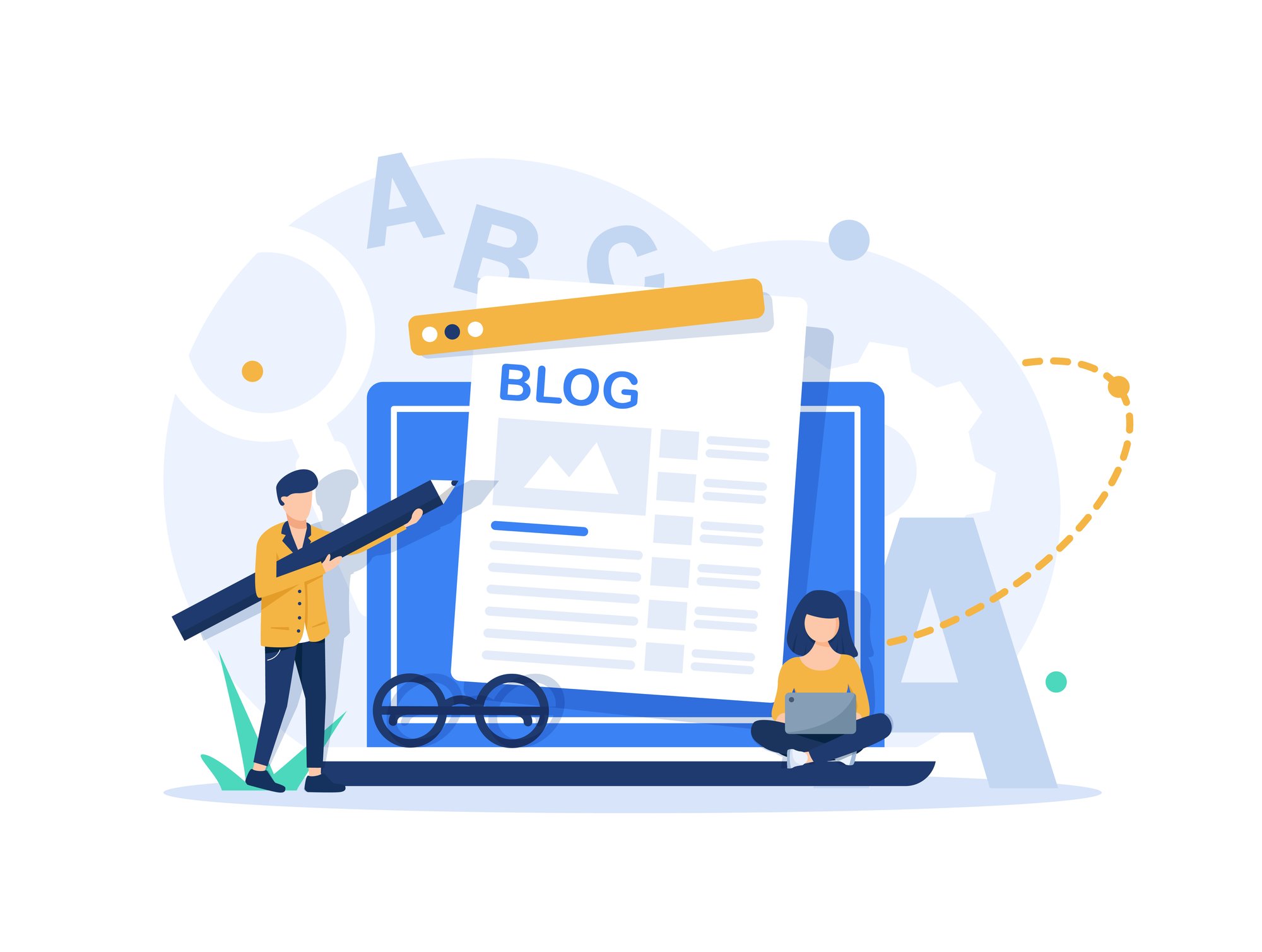blog illustration, a guy writing and woman reading from laptop